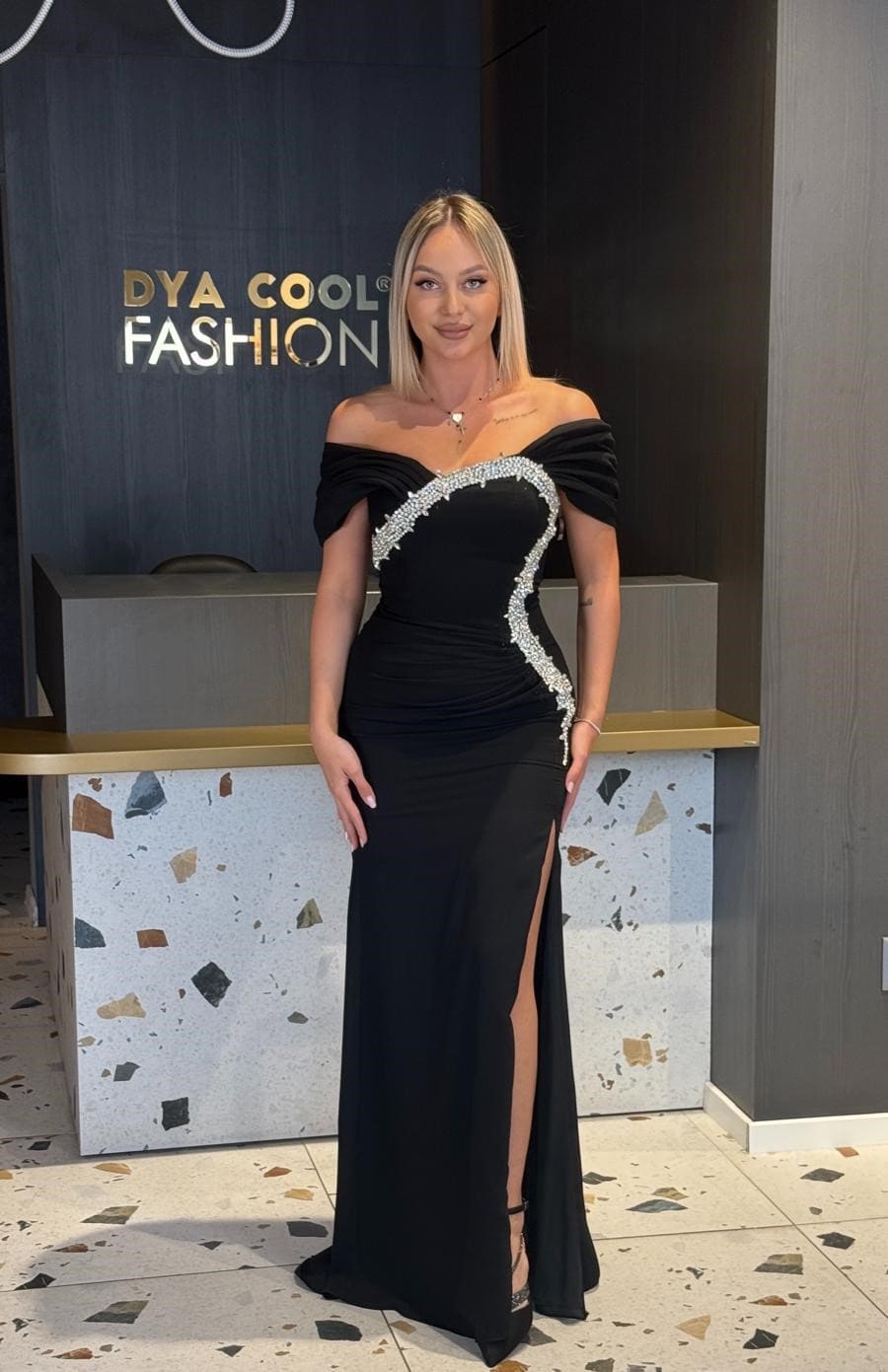 Rochie Lunga Negru cu Cristale  DYA893