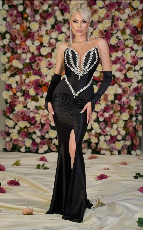 Rochie Lunga din Satin Negru DYA321 - imagine 3