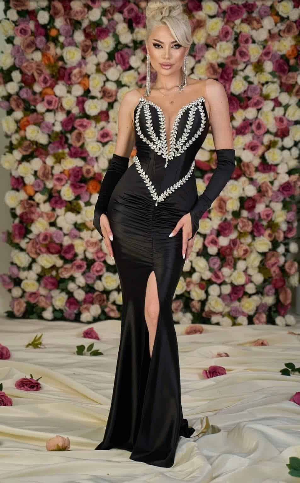 Rochie Lunga din Satin Negru DYA321 - imagine 3