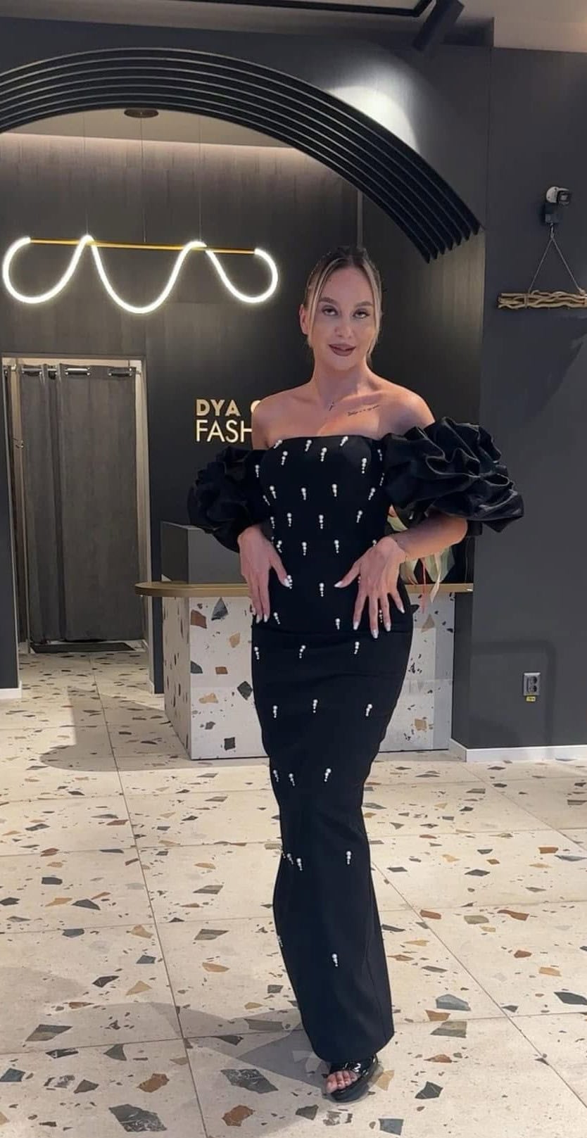 Rochie Lunga Negru cu Perle DYA890 - imagine 4