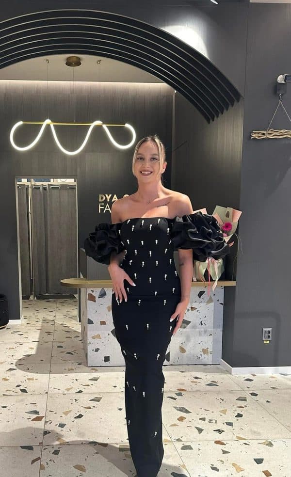 Rochie Lunga Negru cu Perle DYA890