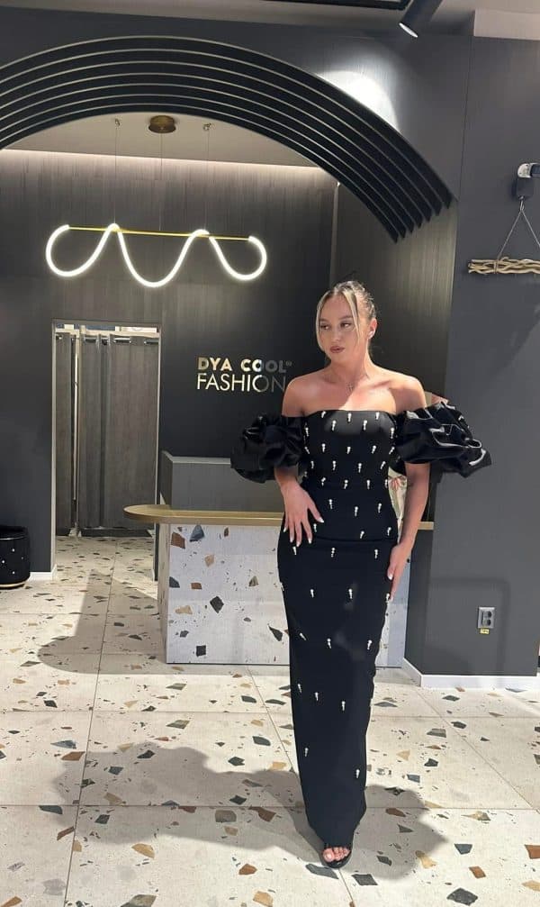Rochie Lunga Negru cu Perle DYA890 - imagine 2