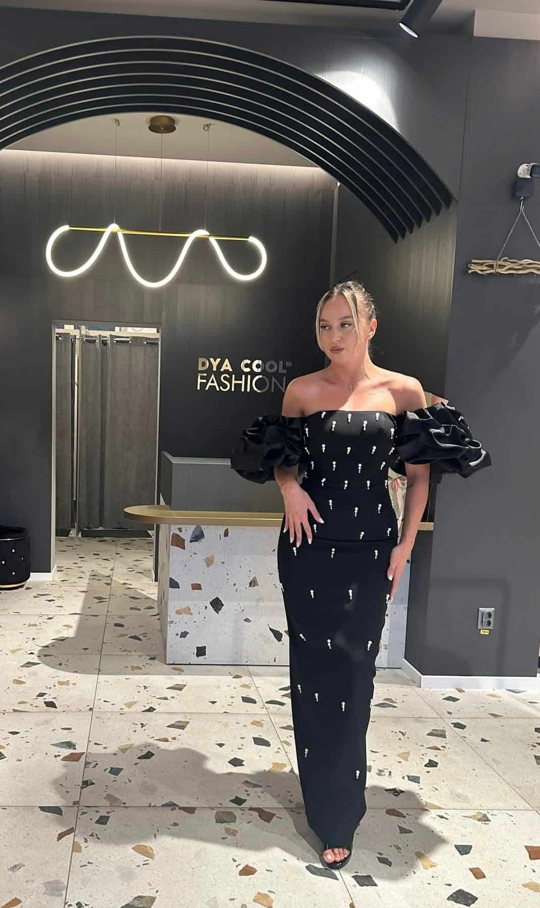 Rochie Lunga Negru cu Perle DYA890 - imagine 2