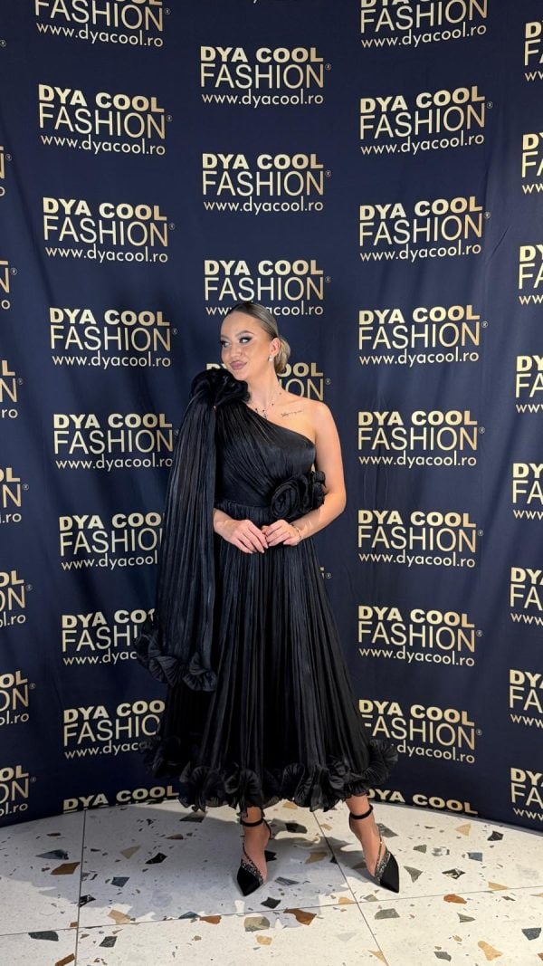 Rochie Midi Eleganta Negru cu Volane si Pliuri DYA987 - imagine 3