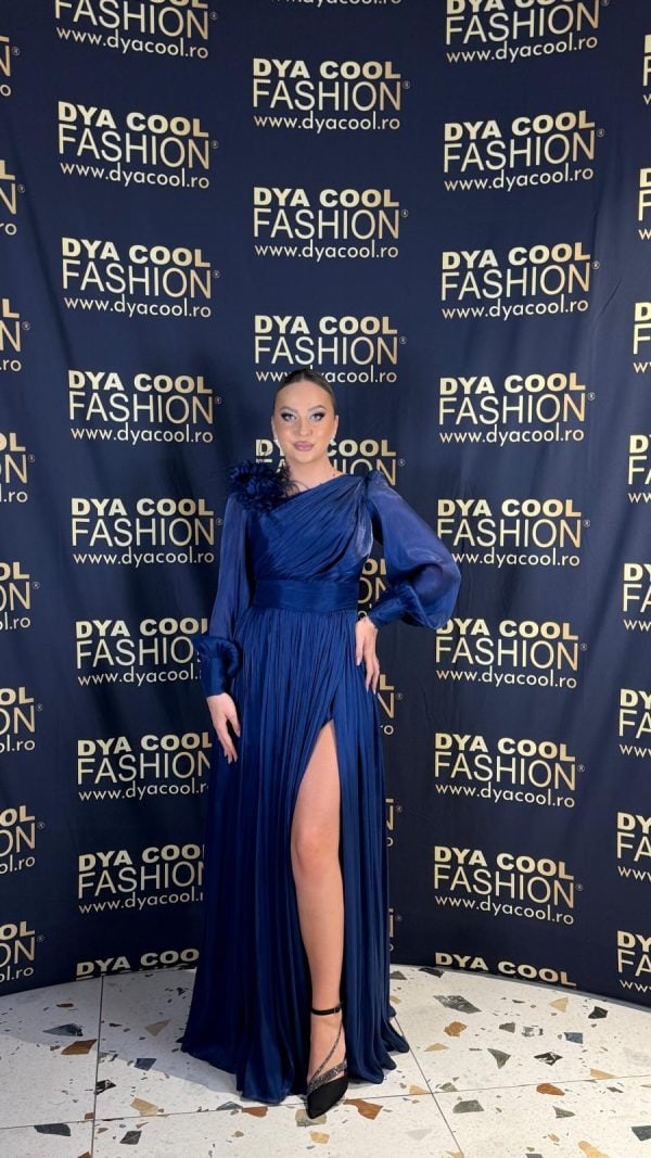 Rochie Lunga Eleganta Bleumarin cu Volane si Pliuri DYA1004