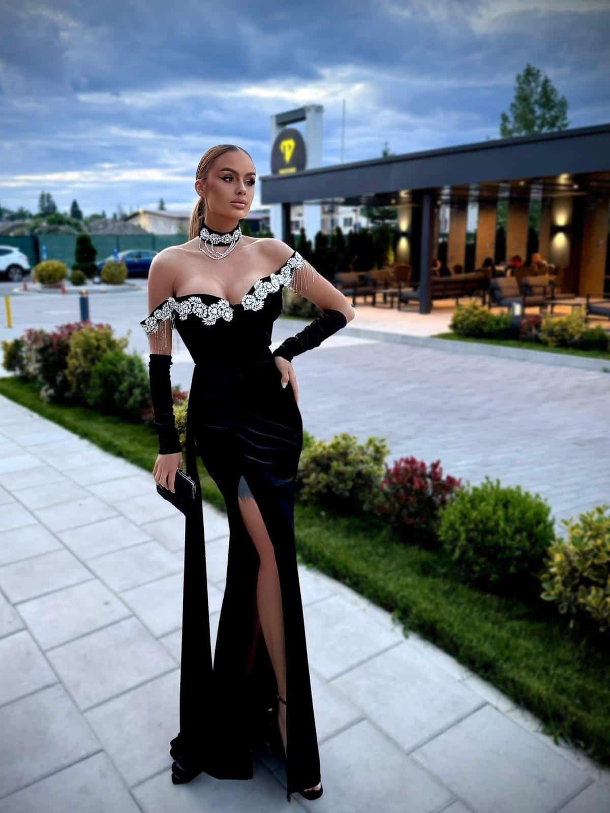Rochie Lunga Negru Catifea DYA1015 - imagine 3