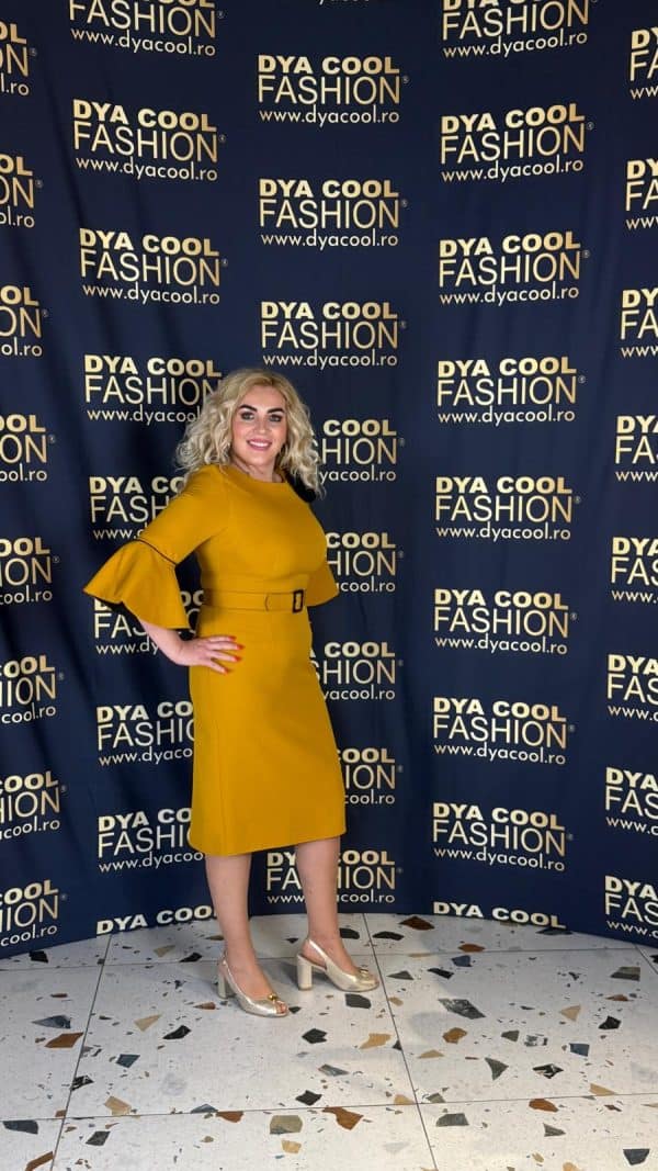Rochie Midi Mustar cu Maneca Lunga Evazata DYA1021 - imagine 3