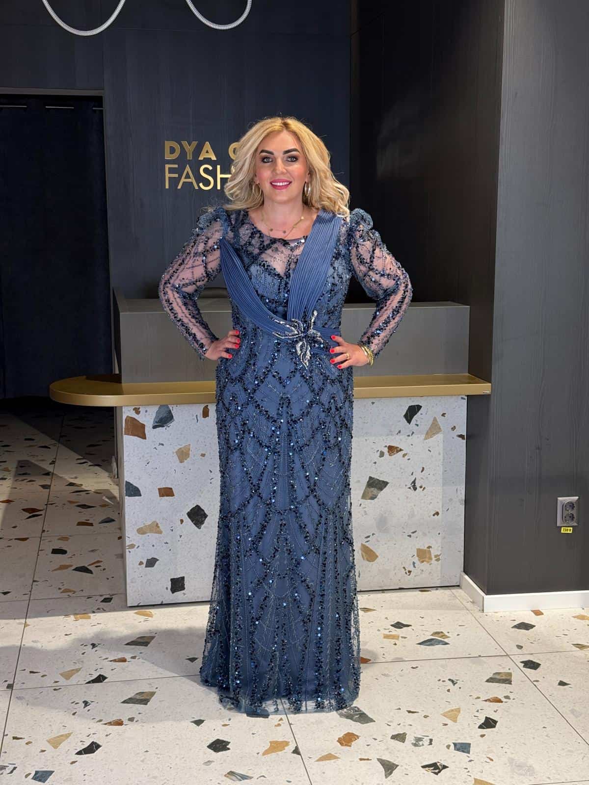 Rochie Lunga Lux Albastru Maneca Lunga DYA1025