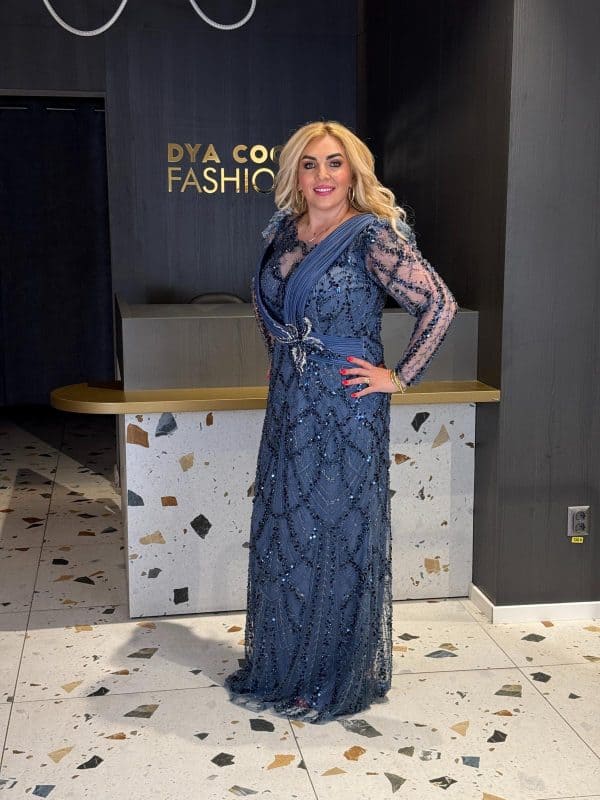 Rochie Lunga Lux Albastru Maneca Lunga DYA1025 - imagine 2