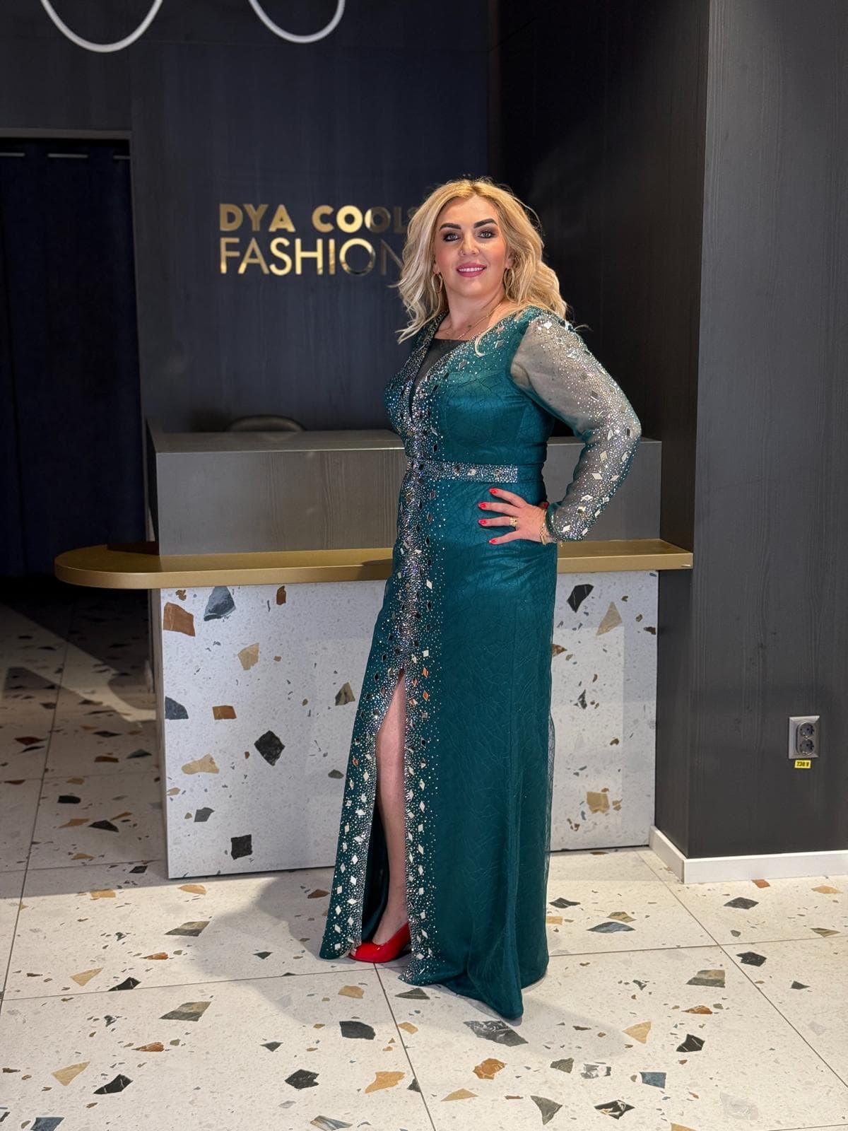 Rochie Lunga Verde Smarald DYA1028 - imagine 2