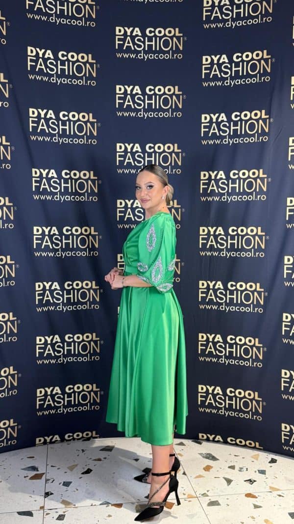 Rochie Midi Verde Satin Maneca 3/4 DYA970 - imagine 3