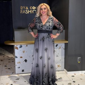 Rochie Lunga Gri-Negru Brodata DYA1083