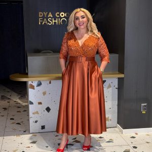 Rochie Midi Arămie Cu Paiete, Fustă Satinată Și Buzunare STN  DYA1088