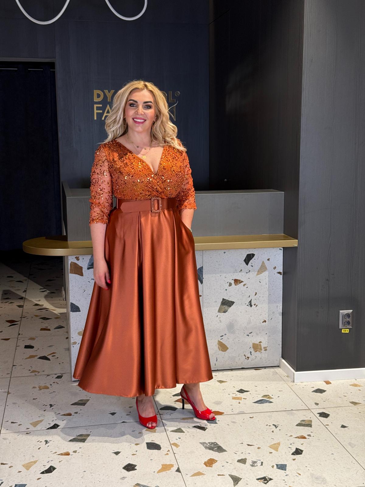 Rochie Midi Arămie Cu Paiete, Fustă Satinată Și Buzunare STN  DYA1088 - imagine 3