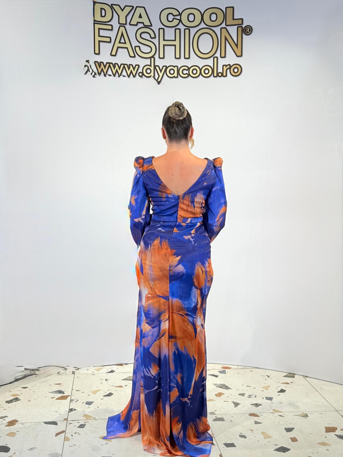 Rochie Lunga Albastru-Portocaliu DYA1089 - imagine 4