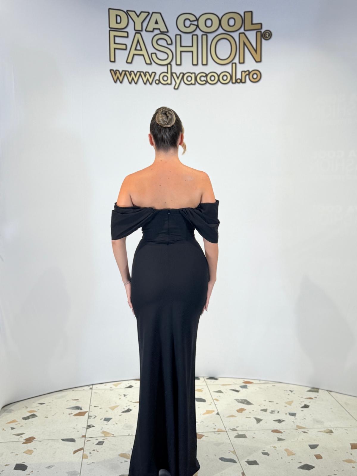 Rochie Lungă Negru cu Umeri Căzuți DYA1128 - imagine 4