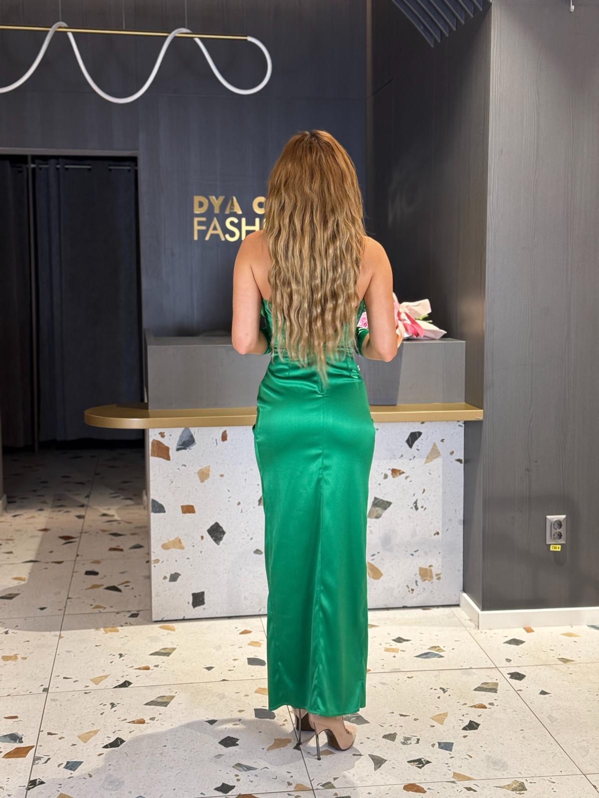 Rochie Lunga Verde Satin cu Cristale DYA1126 - imagine 4