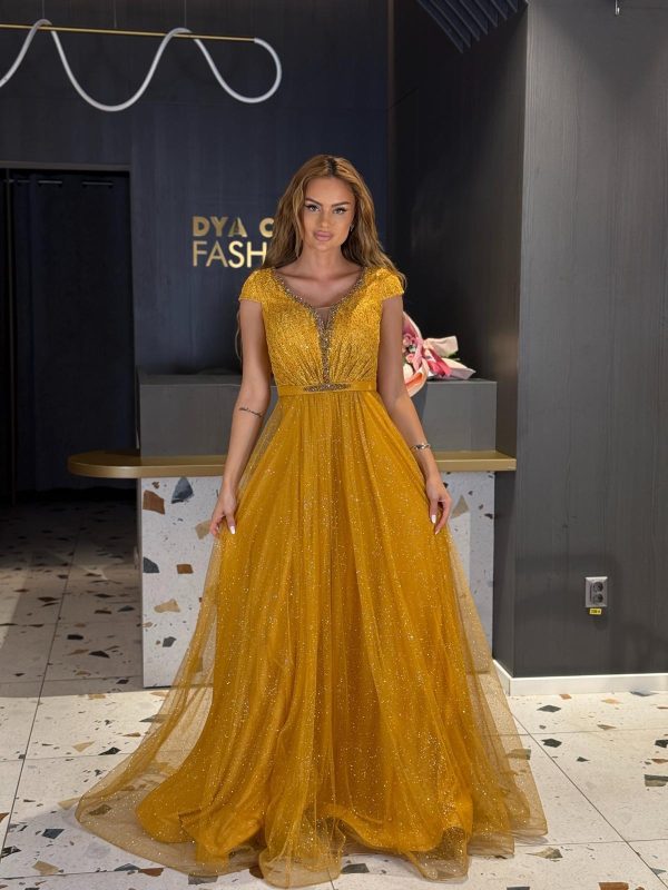 Rochie Lunga Galben Mustar Glitter DYA1031