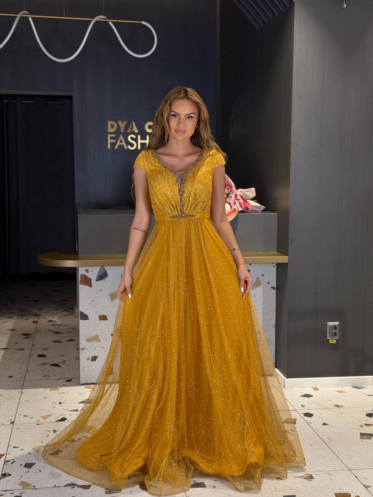 Rochie Lunga Galben Mustar Glitter DYA1031