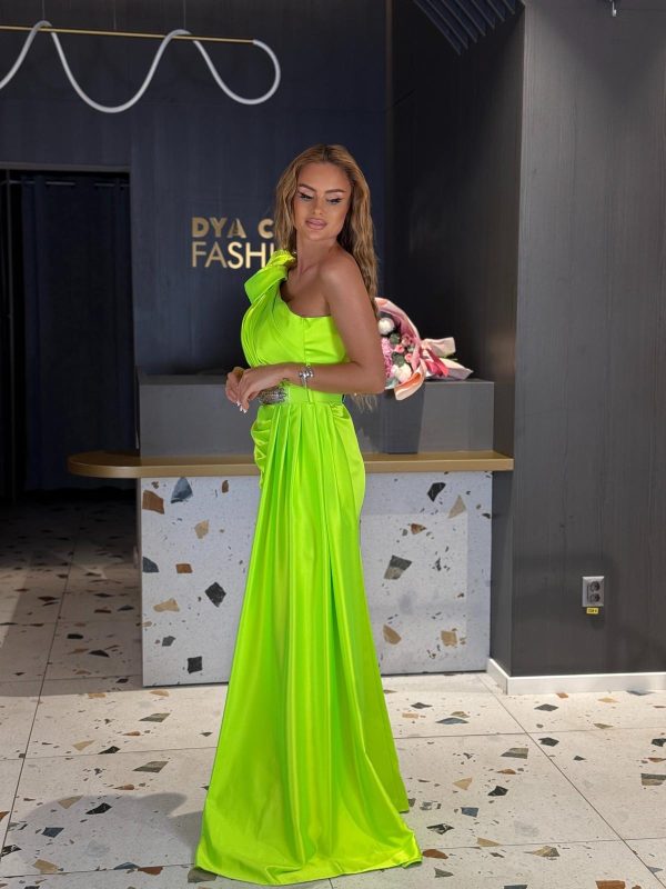 Rochie Verde Neon pe Un Umăr DYA1135 - imagine 3
