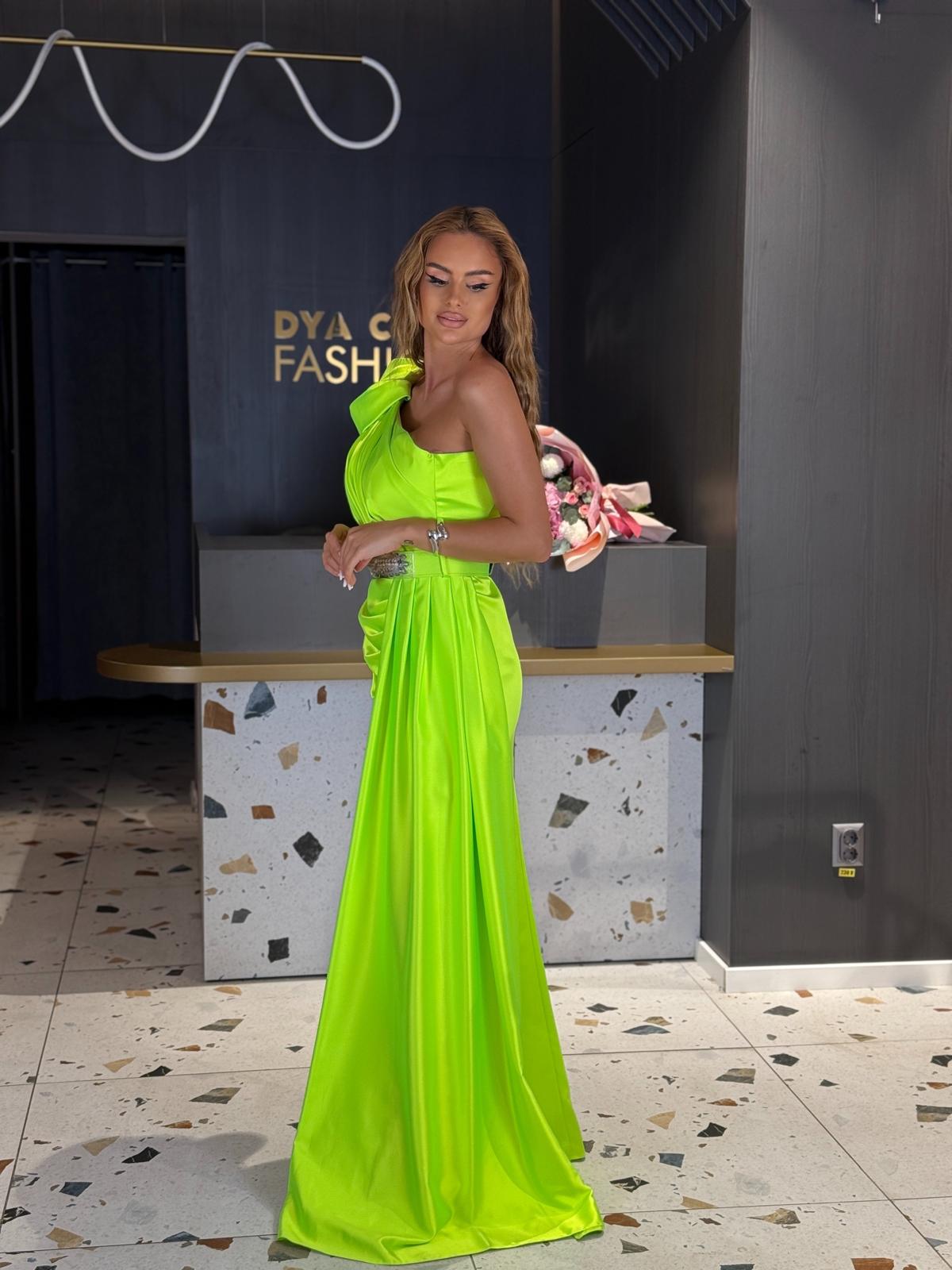 Rochie Verde Neon pe Un Umăr DYA1135 - imagine 3