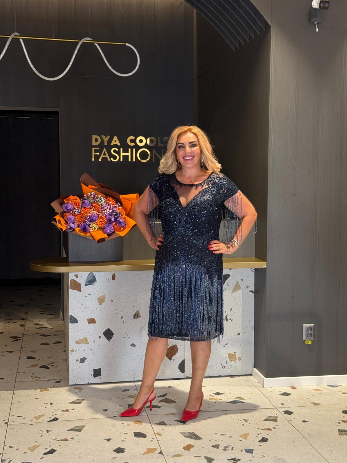 Rochie Midi Bleumarin cu Paiete și Franjuri DYA1154