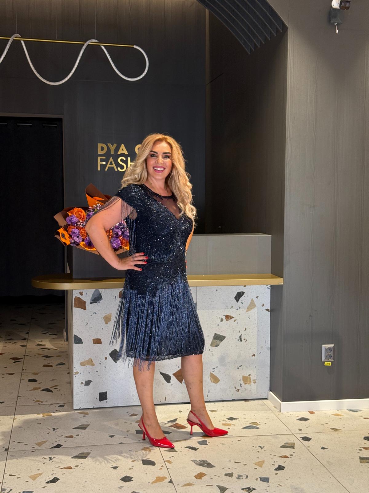 Rochie Midi Bleumarin cu Paiete și Franjuri DYA1154 - imagine 3
