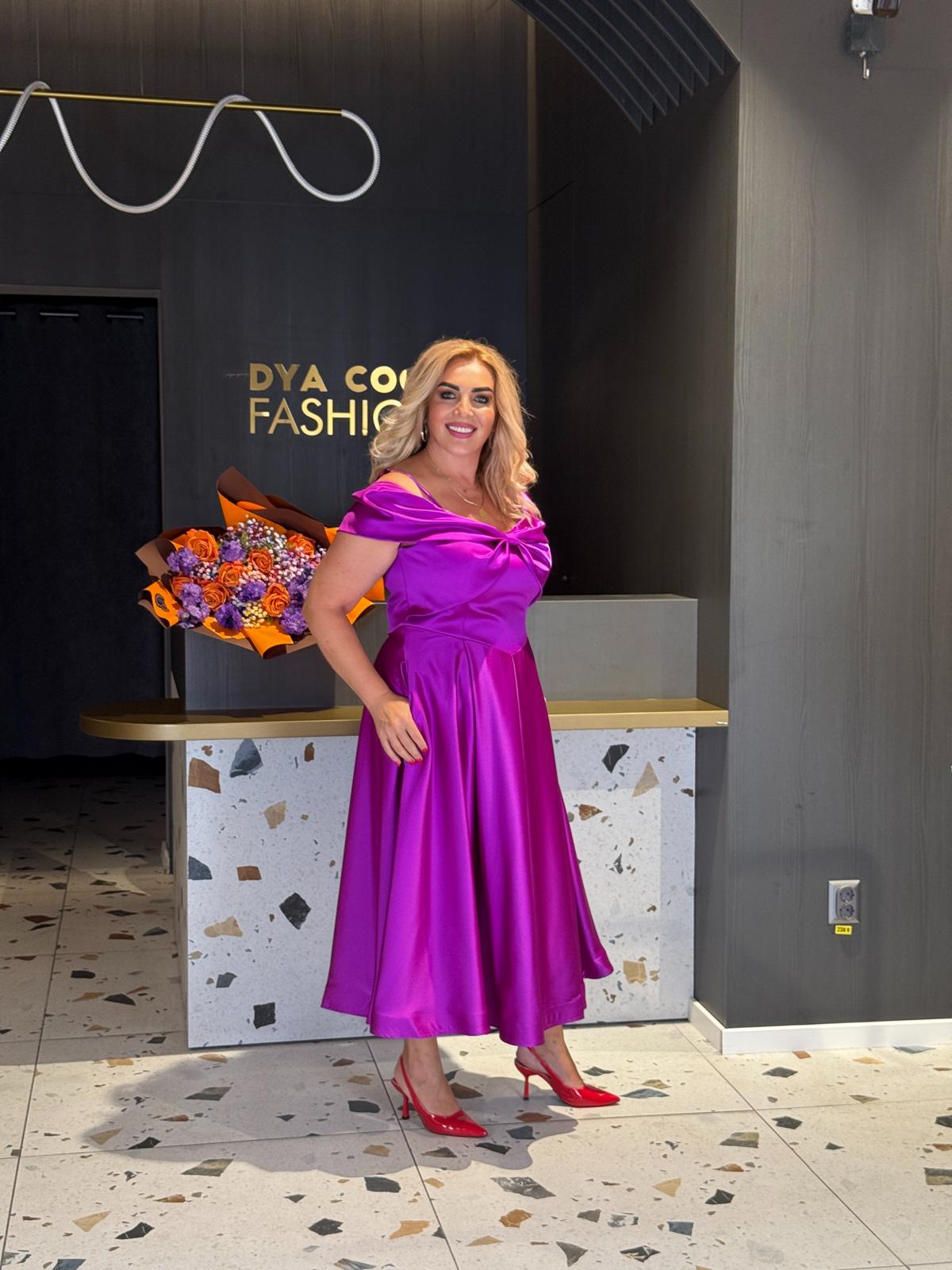 Rochie Midi Mov Satinată cu Fundă DYA1160 - imagine 2