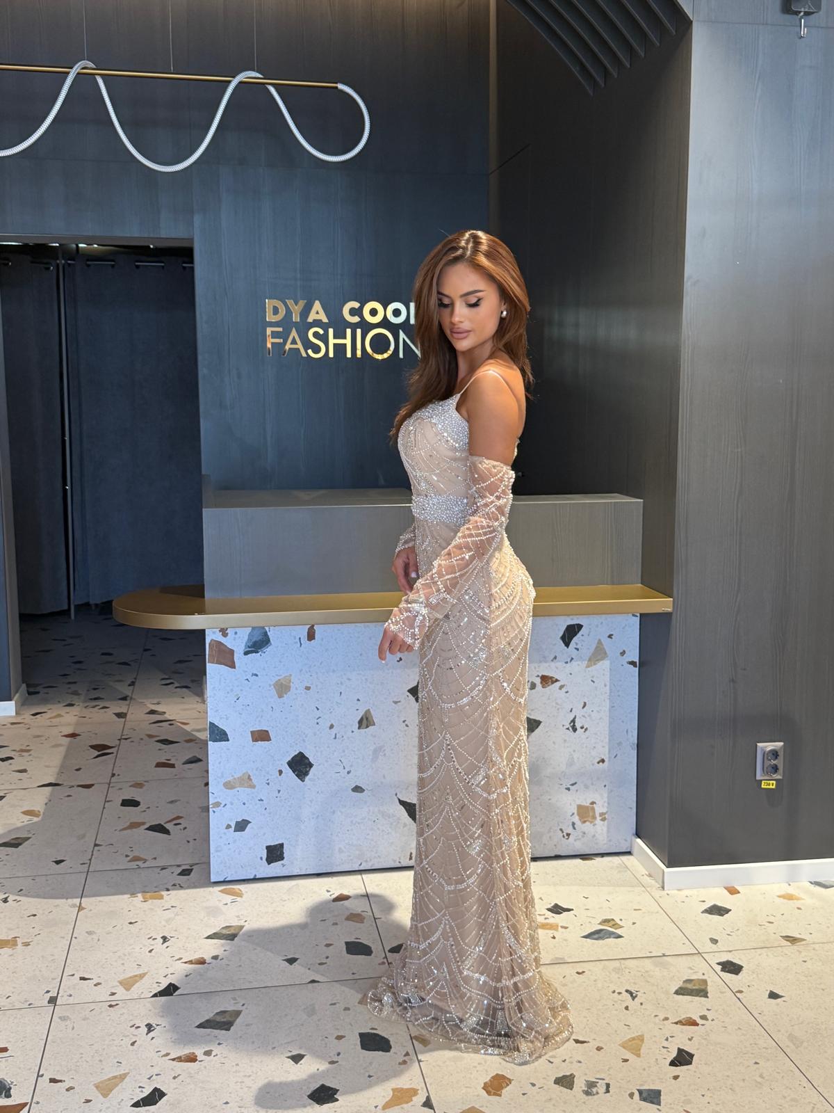 Rochie Lungă Nude cu Aplicații DYA1158 - imagine 2
