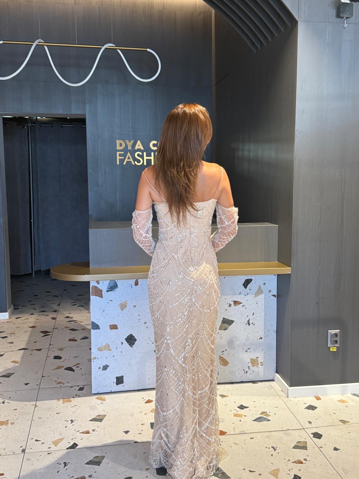 Rochie Lungă Nude cu Aplicații DYA1158 - imagine 4