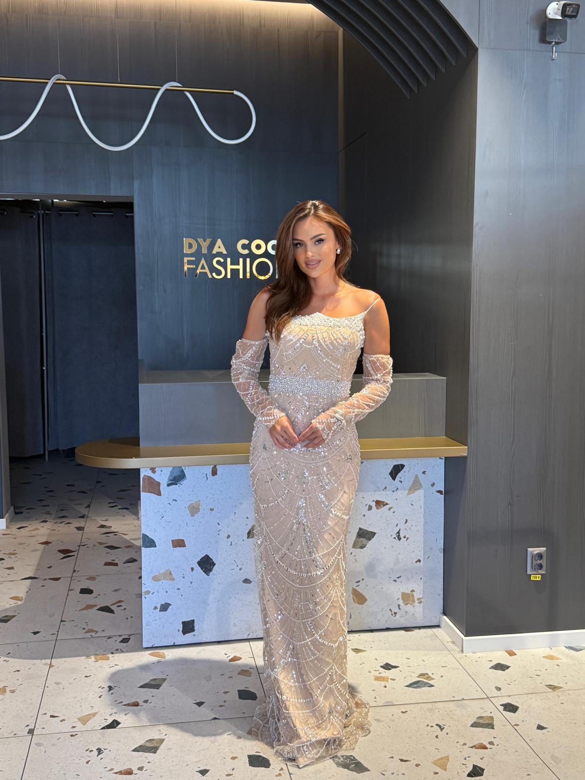 Rochie Lungă Nude cu Aplicații DYA1158