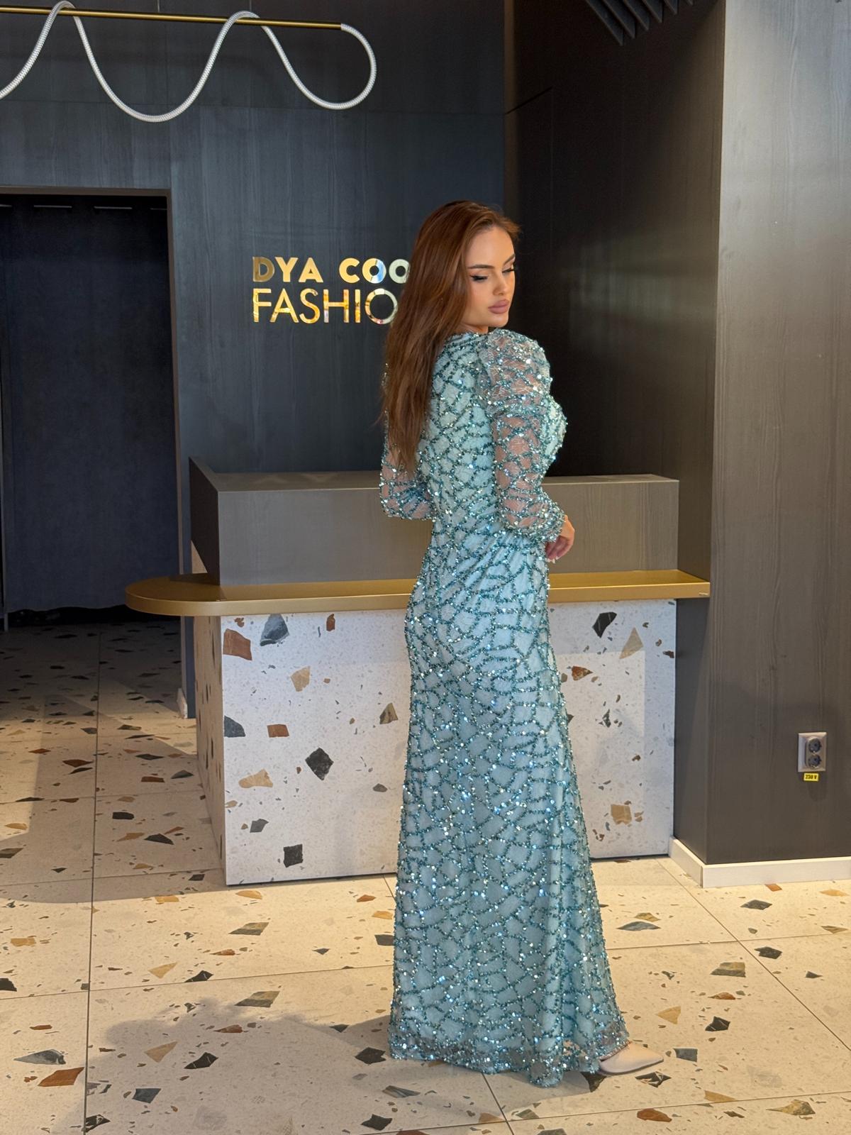 Rochie Lungă Menta cu Aplicații Strălucitoare FlowerShine DYA1175 - imagine 3