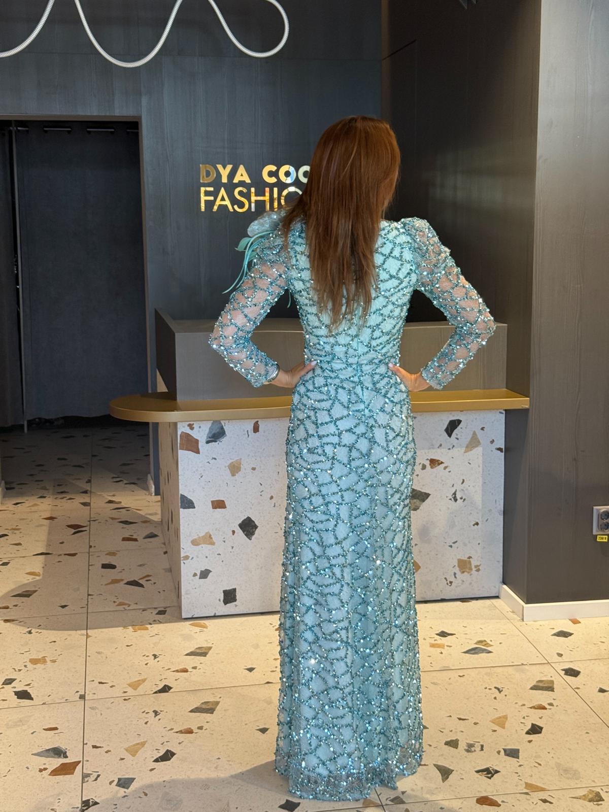Rochie Lungă Menta cu Aplicații Strălucitoare FlowerShine DYA1175 - imagine 5