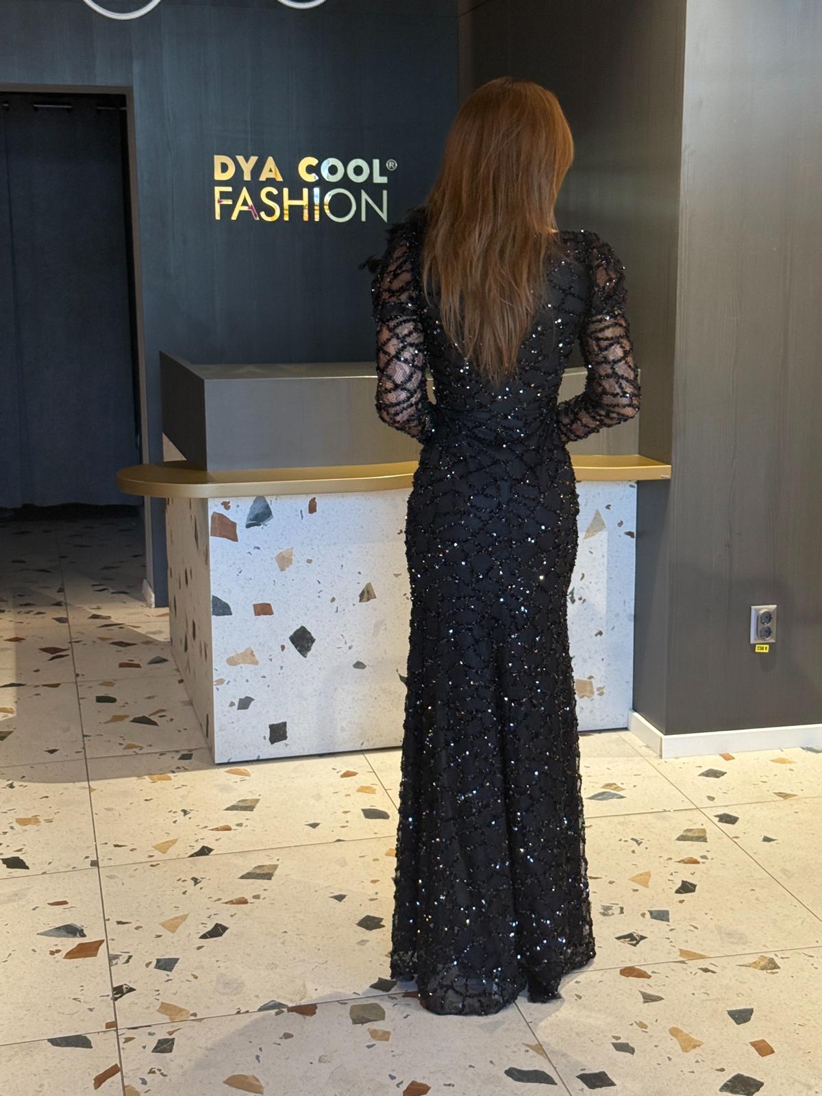 Rochie Lungă Negru cu Aplicații Strălucitoare FlowerShine  DYA1176 - imagine 3