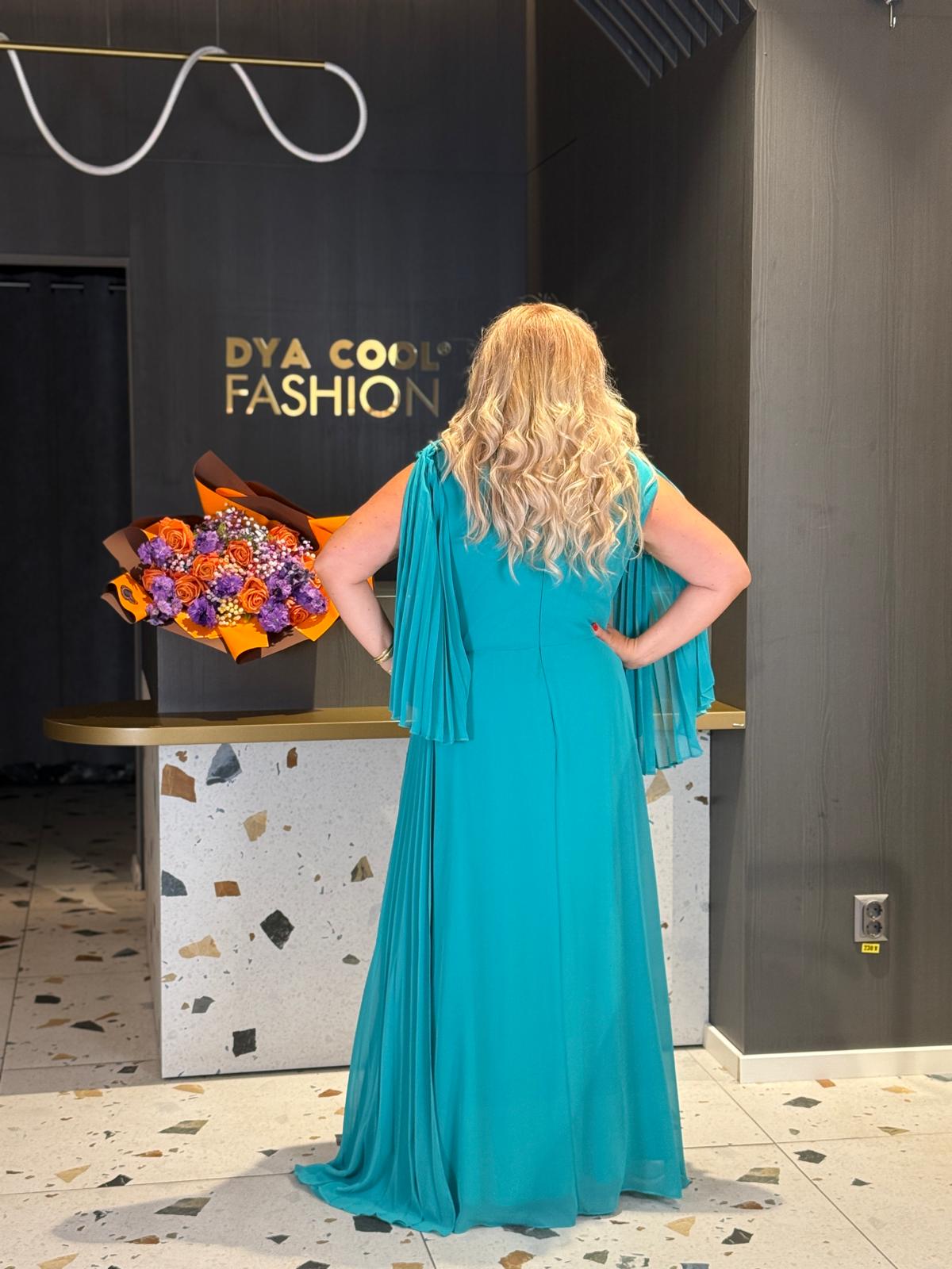 Rochie Lungă Turcoaz Cu Mâneci Plisate DYA1178 - imagine 4