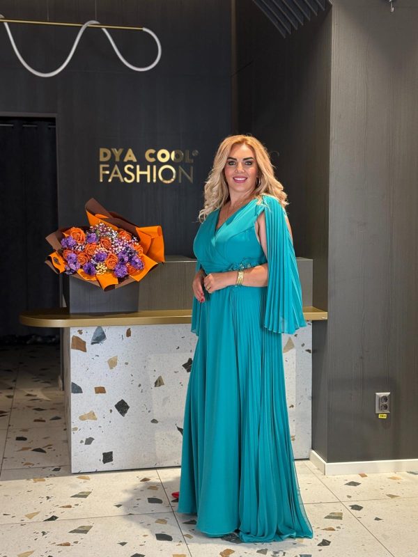 Rochie Lungă Turcoaz Cu Mâneci Plisate DYA1178 - imagine 3
