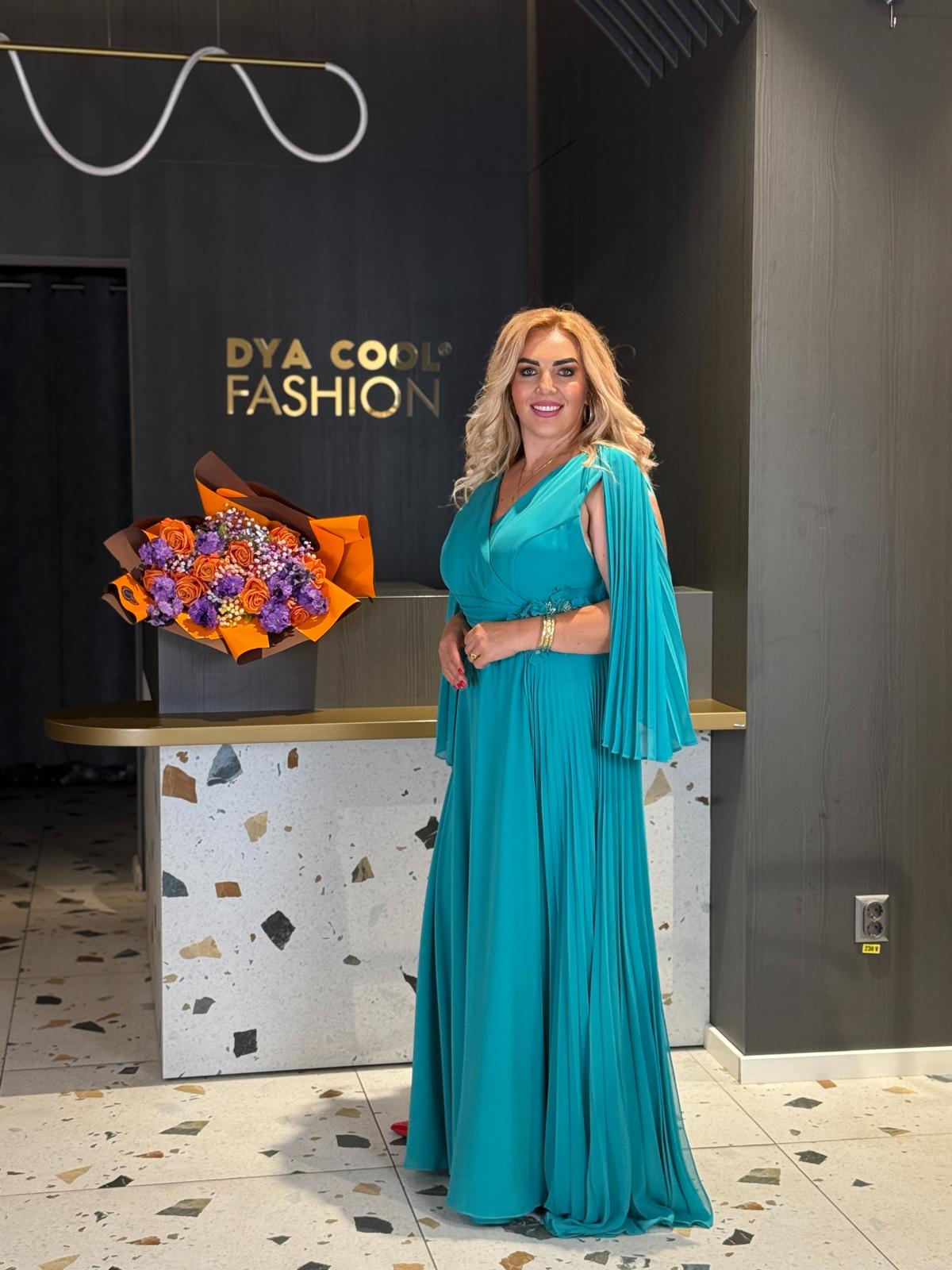 Rochie Lungă Turcoaz Cu Mâneci Plisate DYA1178 - imagine 3