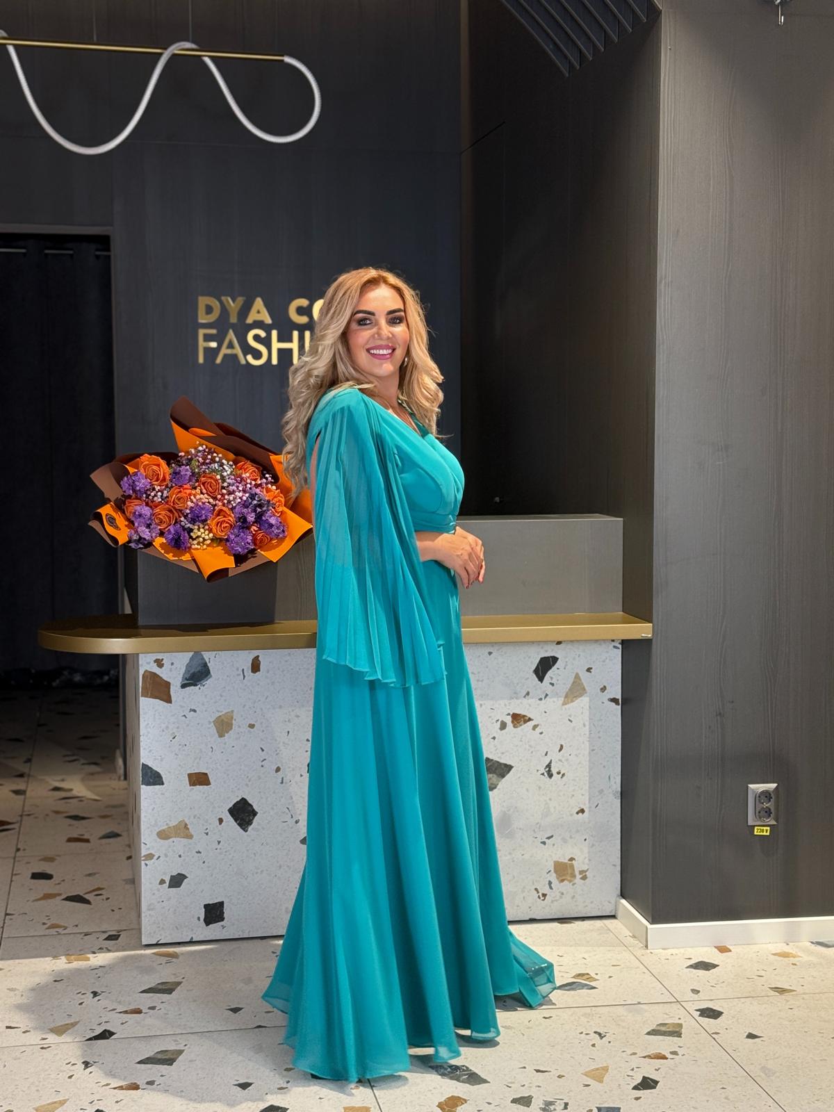 Rochie Lungă Turcoaz Cu Mâneci Plisate DYA1178 - imagine 2