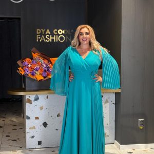 Rochie Lungă Turcoaz Cu Mâneci Plisate DYA1178