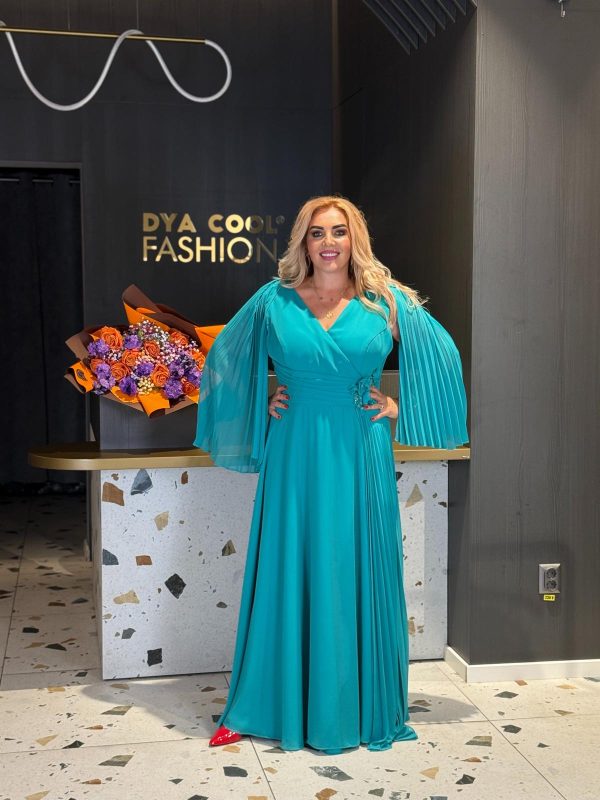 Rochie Lungă Turcoaz Cu Mâneci Plisate DYA1178