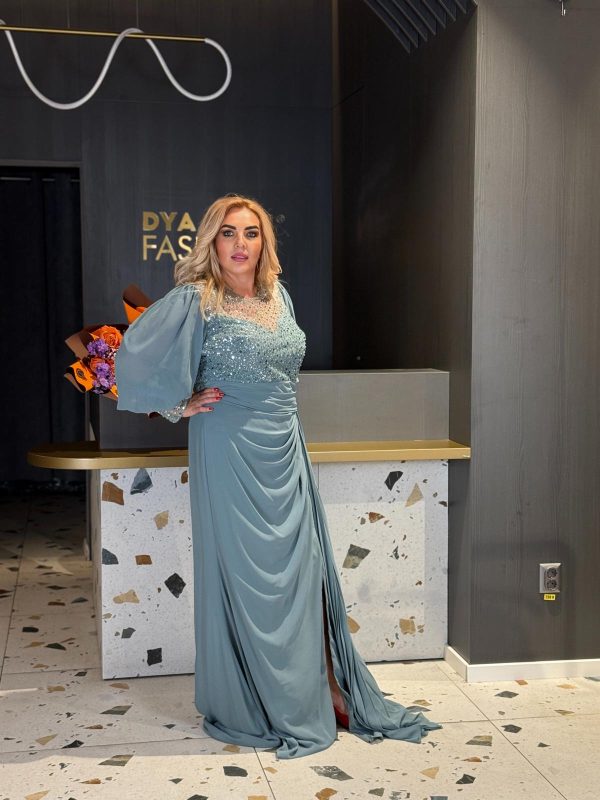 Rochie Lungă Gri-Albăstrui Cu Bust Din Paiete DYA1180 - imagine 2
