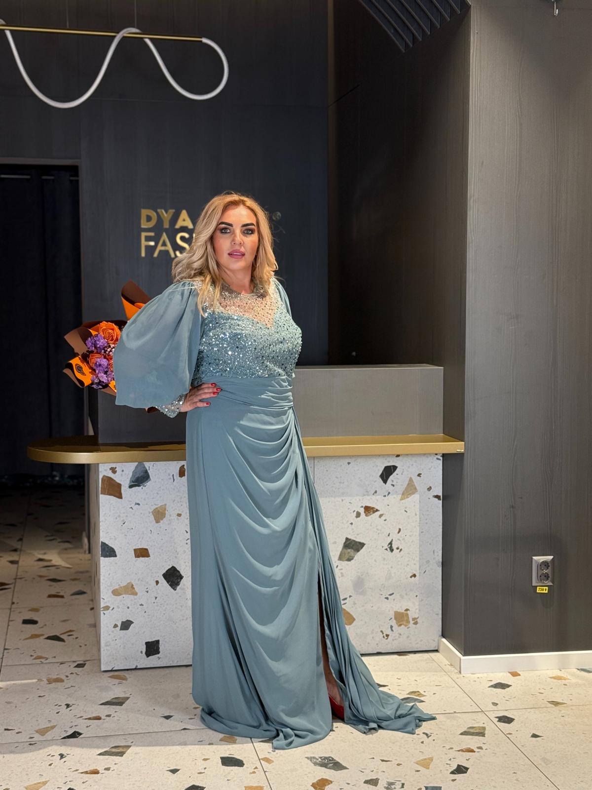 Rochie Lungă Gri-Albăstrui Cu Bust Din Paiete DYA1180 - imagine 2