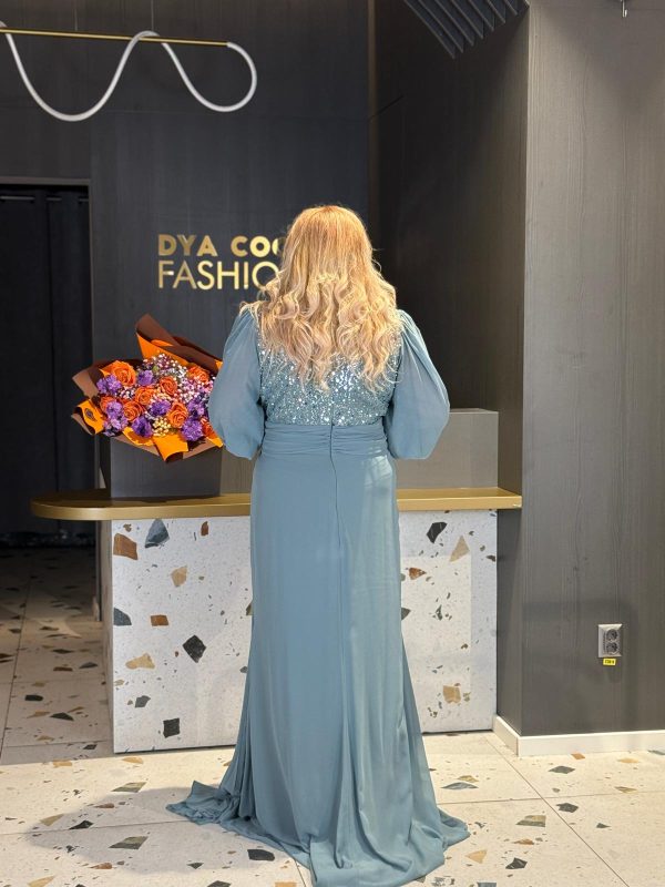 Rochie Lungă Gri-Albăstrui Cu Bust Din Paiete DYA1180 - imagine 4
