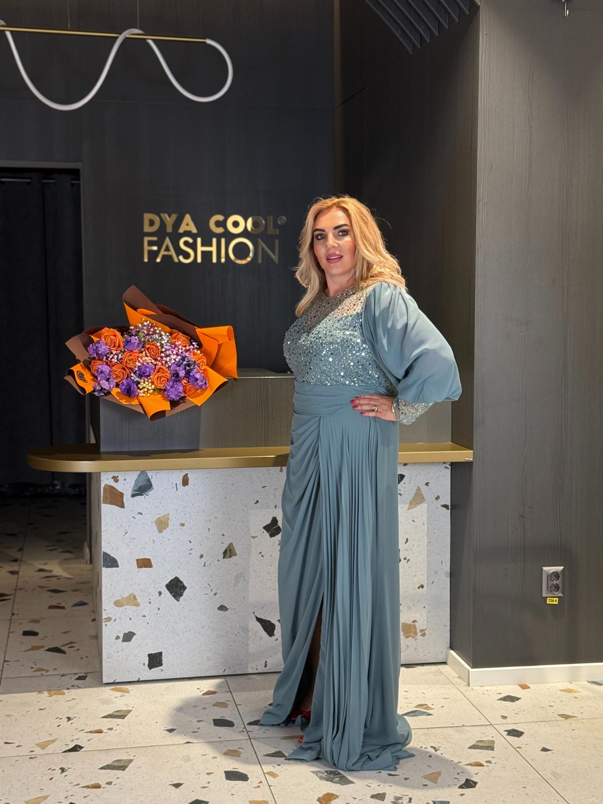Rochie Lungă Gri-Albăstrui Cu Bust Din Paiete DYA1180 - imagine 3