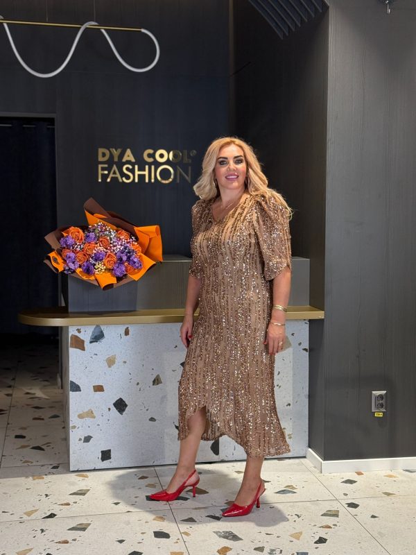 Rochie Midi Aurie Din Paiete Cu Croială Asimetrică DYA1181 - imagine 2