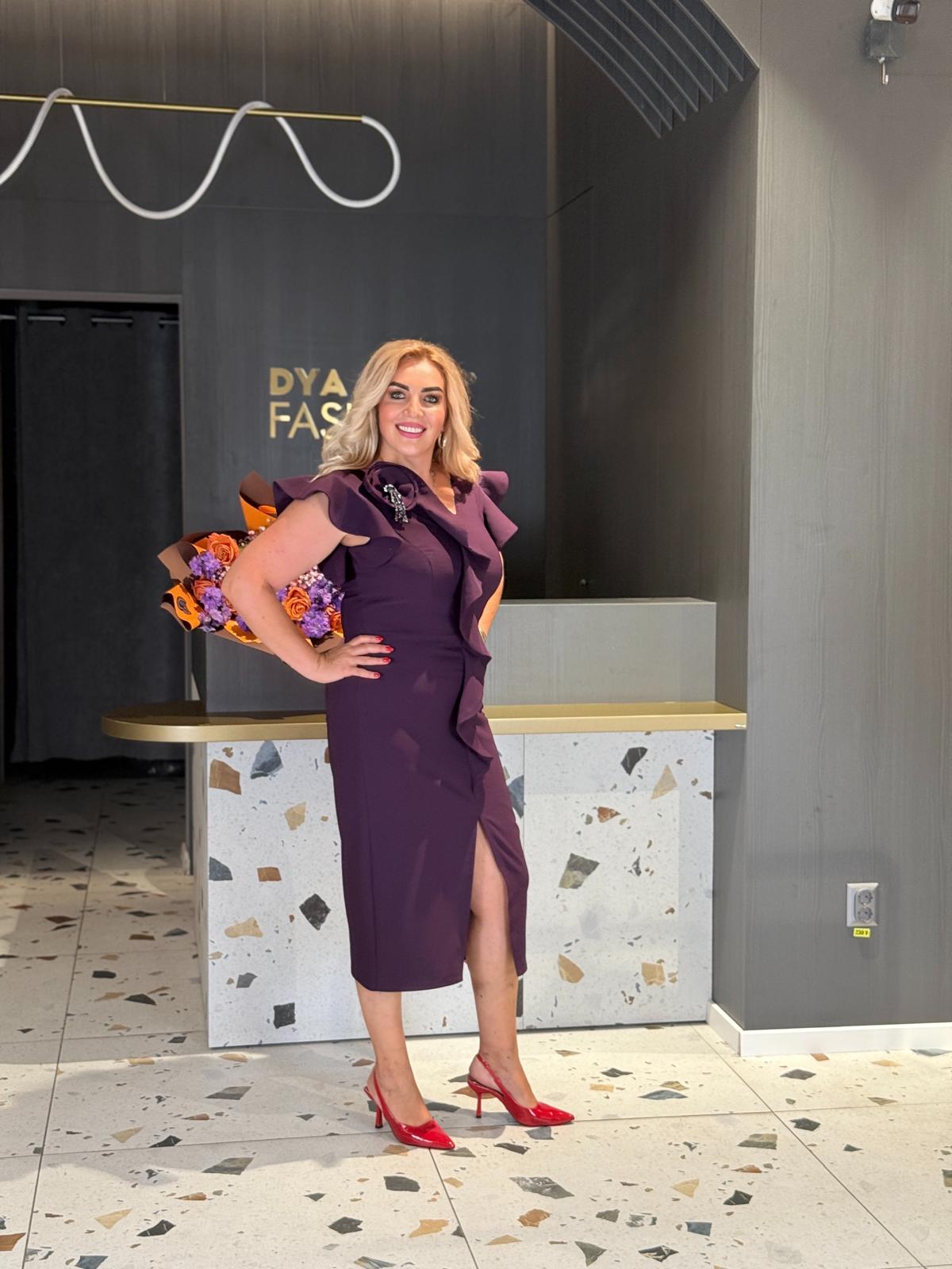 Rochie Midi Mov Cu Volane Și Floare Decorativă DYA1183 - imagine 3