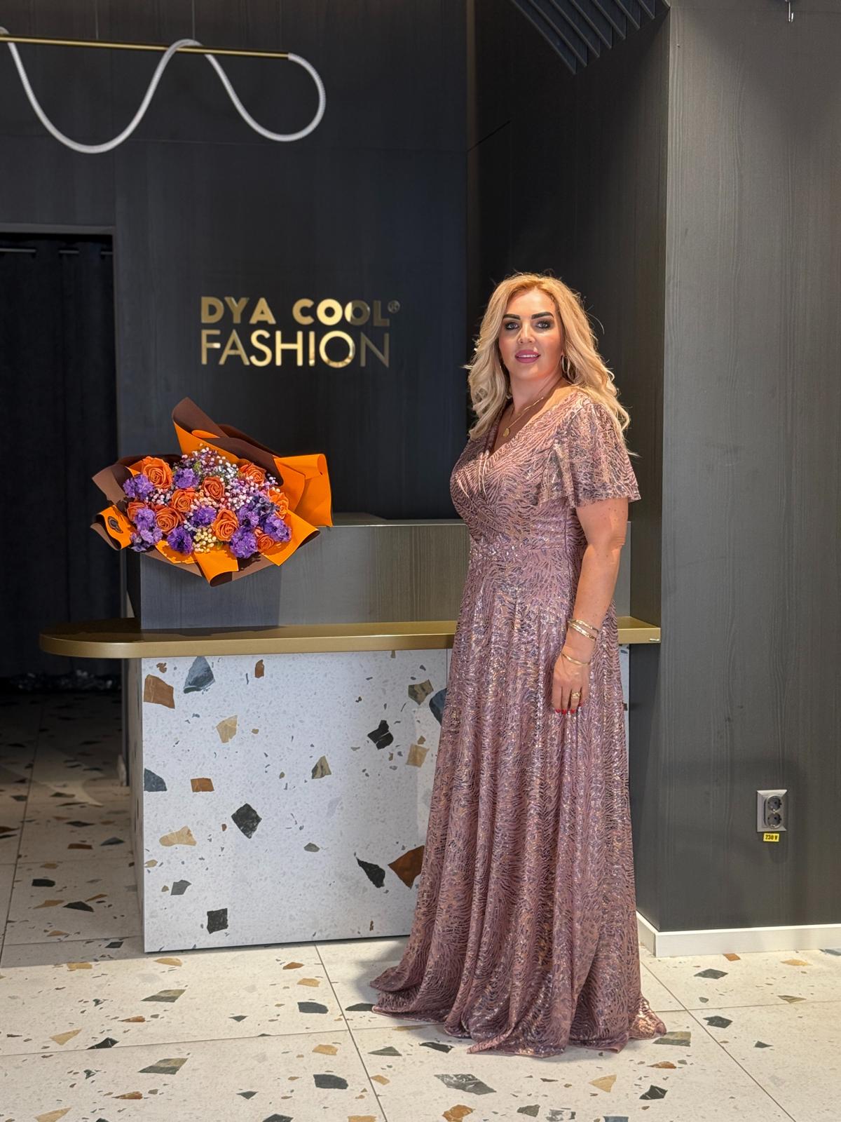 Rochie Lungă Roz Pudră Cu Efect Metalic DYA1185 - imagine 2