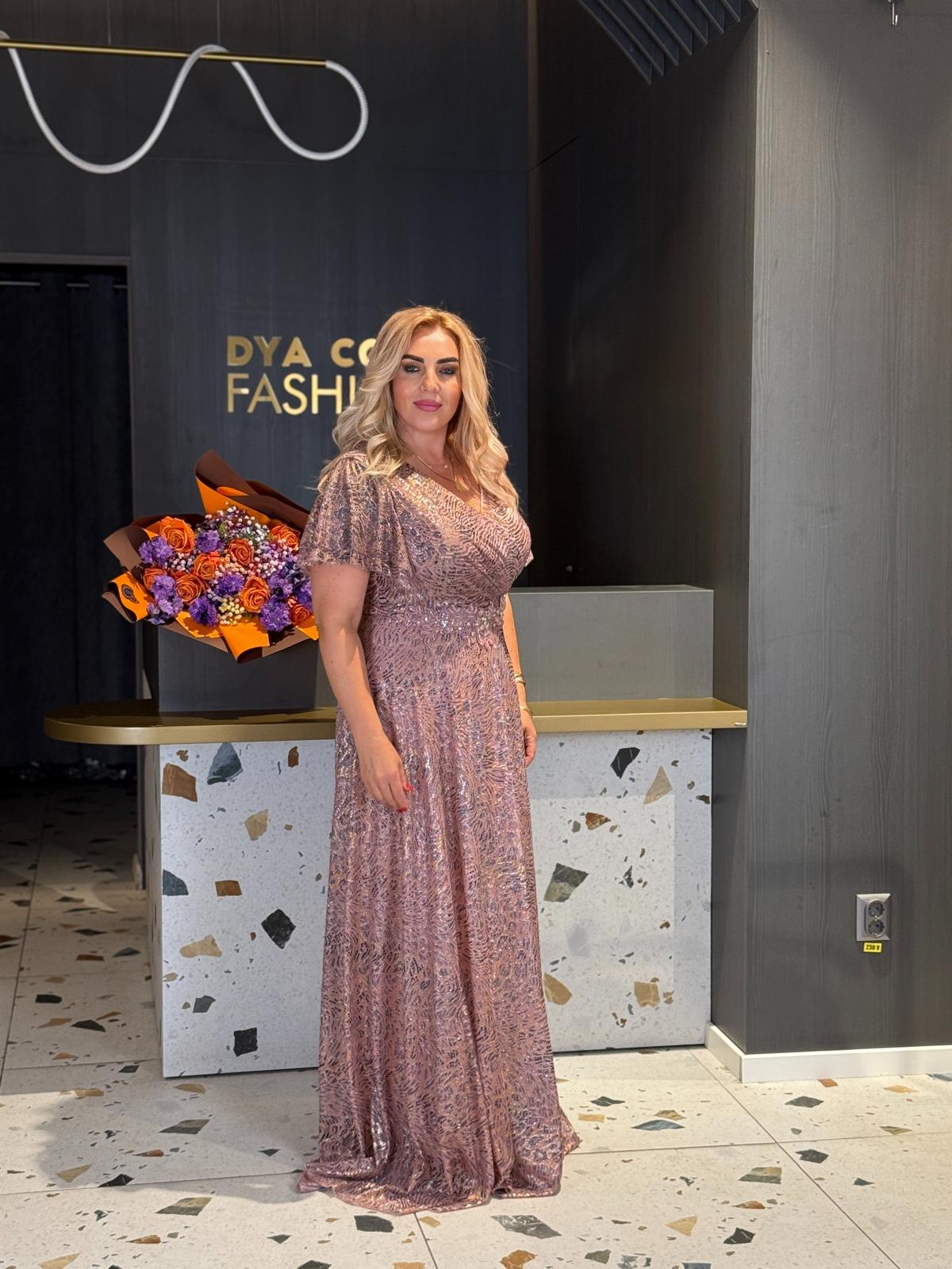 Rochie Lungă Roz Pudră Cu Efect Metalic DYA1185 - imagine 3