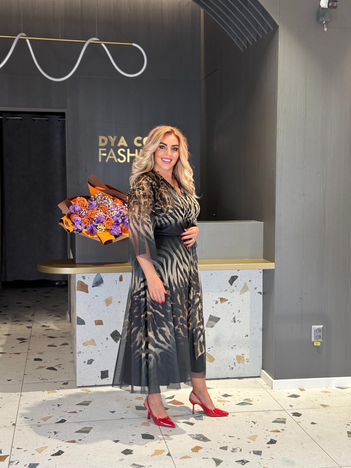 Rochie Midi Animal Print Cu Mâneci Din Voal DYA1189 - imagine 3