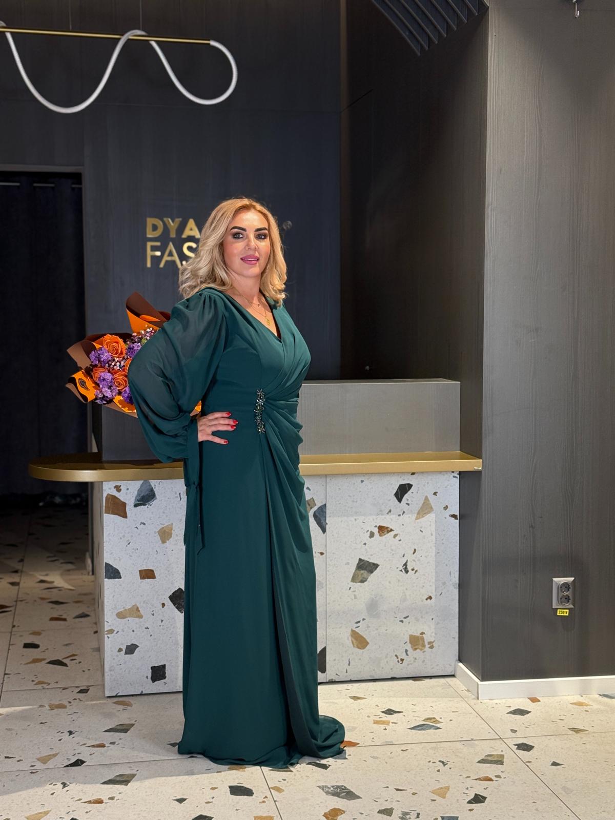 Rochie Lungă Verde Smarald Cu Mâneci Ample DYA1179 - imagine 3